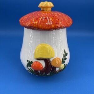 Vintage Arnels Mushroom Canister 8" Cookie Tea Jar Orange Speckled 1970's
